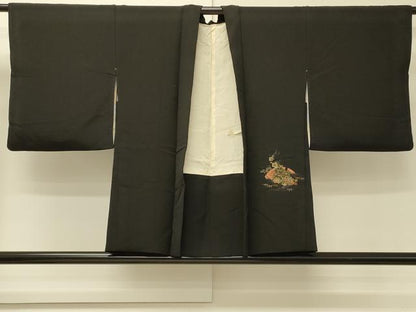 平和屋着物＃羽織　寿光織　扇面草花文　黒地　金糸　正絹　逸品　CABJ5468in