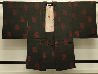 平和屋着物＃羽織　兎草花文　黒地　正絹　逸品　CABJ5488in