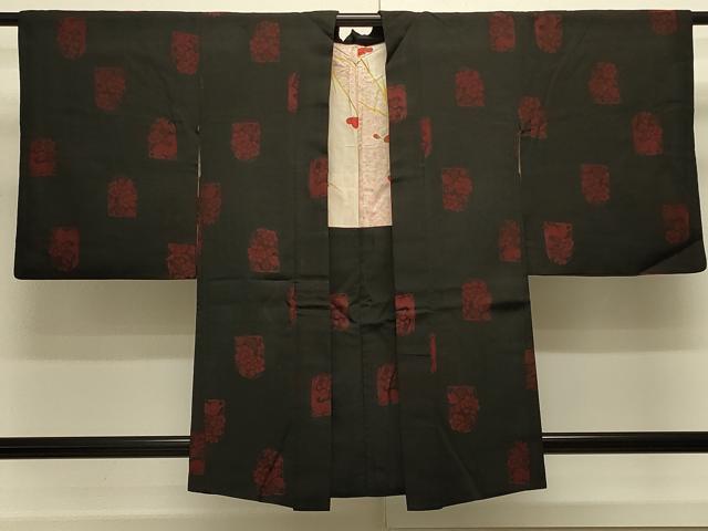 平和屋着物＃羽織　兎草花文　黒地　正絹　逸品　CABJ5488in