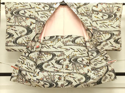 平和屋着物＃長羽織　型染め　流水花鳥文　正絹　逸品　CABJ5507in