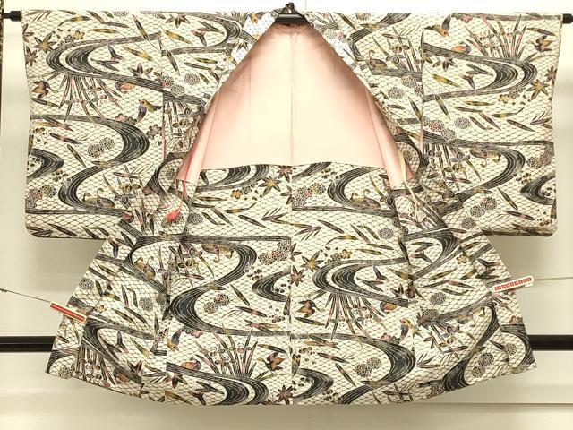 平和屋着物＃長羽織　型染め　流水花鳥文　正絹　逸品　CABJ5507in