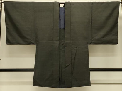平和屋着物＃男性　長羽織　紬地　格子　黒地　正絹　逸品　CABJ5516in