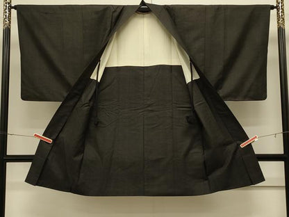 平和屋着物＃男性　長羽織　紬地　縞　黒地　正絹　逸品　CABJ5519in