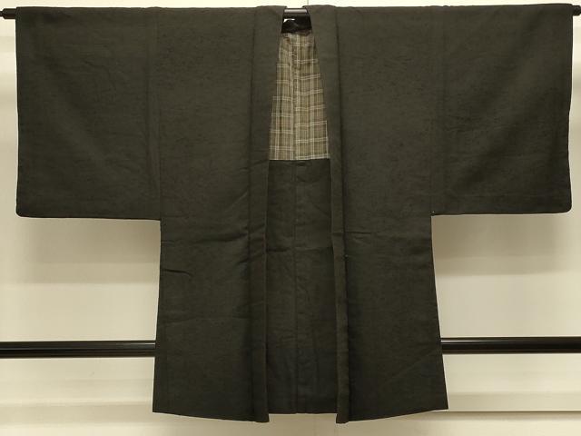 平和屋着物＃男性　長羽織　紬地　黒地　正絹　逸品　CABJ5520in