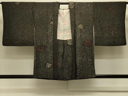 平和屋着物＃羽織　寿光織　洋花文　黒地　金銀糸　正絹　逸品　CABJ5539in