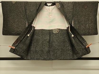 平和屋着物＃羽織　寿光織　洋花文　黒地　金銀糸　正絹　逸品　CABJ5539in