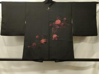平和屋着物＃羽織　総刺繍　薔薇　バラ　黒地　正絹　逸品　CABJ5544in