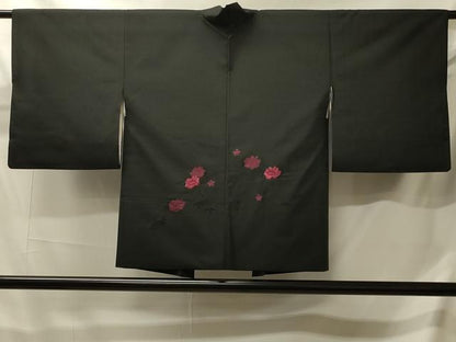 平和屋着物＃羽織　総刺繍　草花文　黒地　洗える着物　CABJ5545in