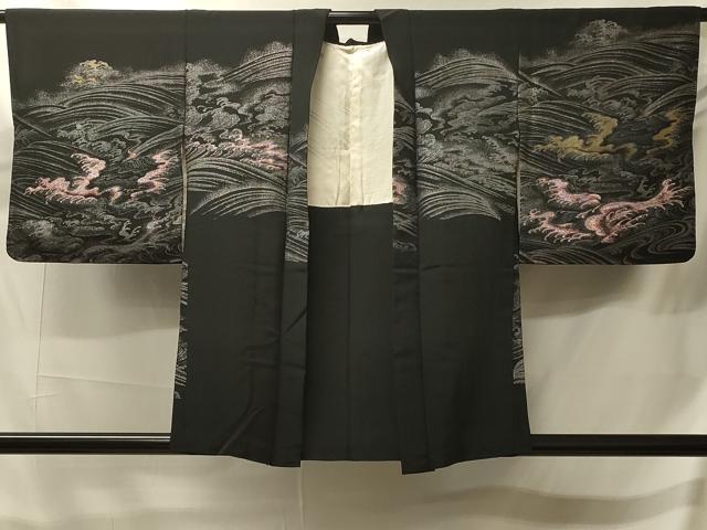 平和屋着物＃羽織　寿光織　立波文　黒地　金銀糸　正絹　逸品　CABJ5547in