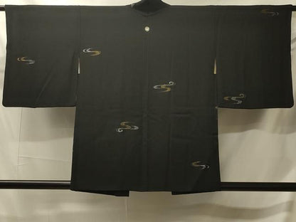 平和屋着物＃羽織　寿光織　流水文　黒地　金銀糸　正絹　逸品　CABJ5549in