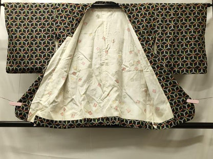 平和屋着物＃道行コート　亀甲文　黒地　正絹　逸品　CABJ5556in