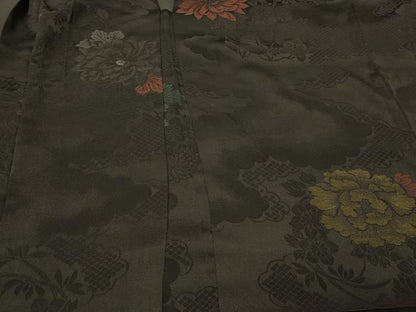平和屋着物＃羽織　寿光織　草花文　黒地　銀糸　正絹　逸品　CABJ5565in