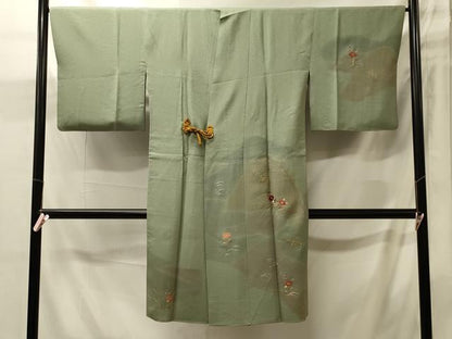 平和屋着物＃道中着　刺繍　遠山草花文　金銀糸　ロング丈　正絹　逸品　CABJ5577in