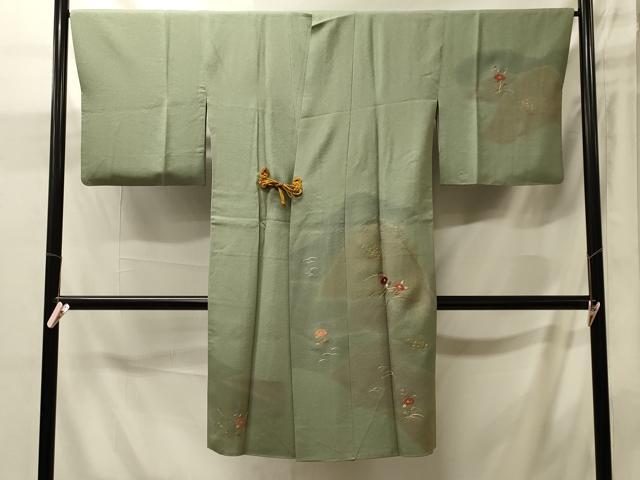 平和屋着物＃道中着　刺繍　遠山草花文　金銀糸　ロング丈　正絹　逸品　CABJ5577in