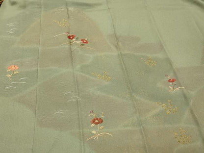 平和屋着物＃道中着　刺繍　遠山草花文　金銀糸　ロング丈　正絹　逸品　CABJ5577in