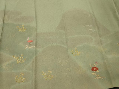 平和屋着物＃道中着　刺繍　遠山草花文　金銀糸　ロング丈　正絹　逸品　CABJ5577in