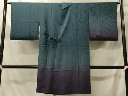 平和屋着物＃道中着　リバーシブル　花唐草地紋　暈し染め　黒地　ロング丈　正絹　逸品　CABJ5588in