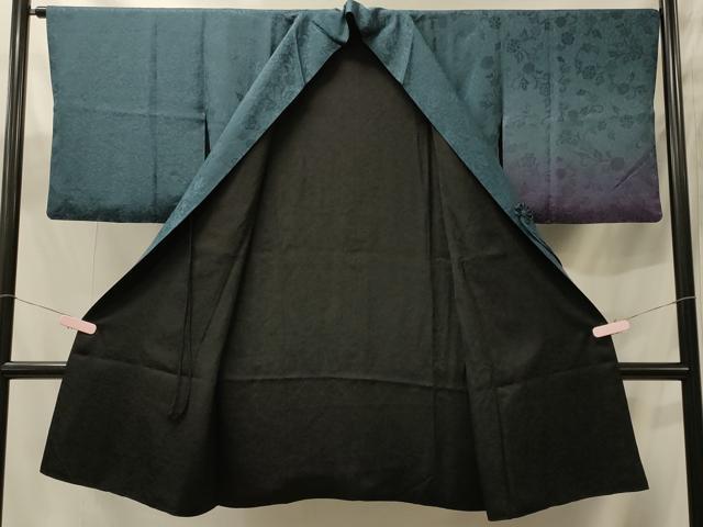 平和屋着物＃道中着　リバーシブル　花唐草地紋　暈し染め　黒地　ロング丈　正絹　逸品　CABJ5588in