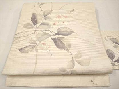 平和屋着物＊夏物　九寸名古屋帯　手描き　刺繍　枝花文　銀糸　正絹　逸品　CABJ5611tx