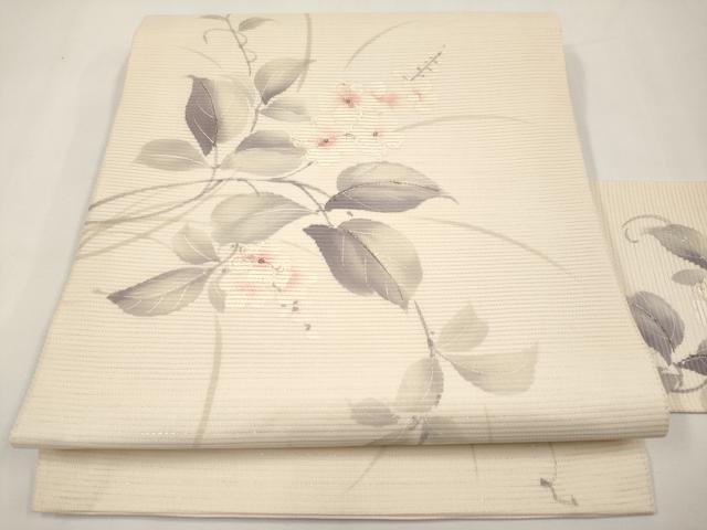 平和屋着物＊夏物　九寸名古屋帯　手描き　刺繍　枝花文　銀糸　正絹　逸品　CABJ5611tx