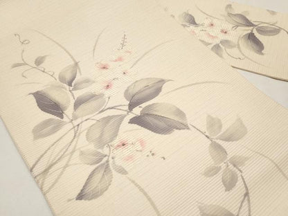 平和屋着物＊夏物　九寸名古屋帯　手描き　刺繍　枝花文　銀糸　正絹　逸品　CABJ5611tx