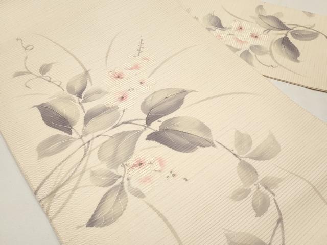 平和屋着物＊夏物　九寸名古屋帯　手描き　刺繍　枝花文　銀糸　正絹　逸品　CABJ5611tx