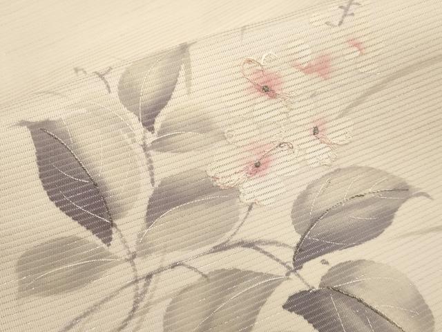 平和屋着物＊夏物　九寸名古屋帯　手描き　刺繍　枝花文　銀糸　正絹　逸品　CABJ5611tx