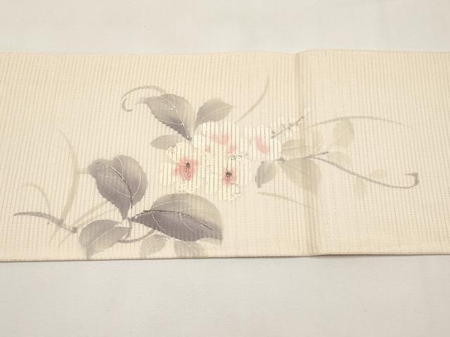 平和屋着物＊夏物　九寸名古屋帯　手描き　刺繍　枝花文　銀糸　正絹　逸品　CABJ5611tx