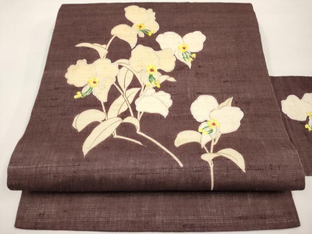 平和屋着物＊夏物　九寸名古屋帯　作家物　手描き　草花文　銀彩　麻　逸品　CABJ5613tx