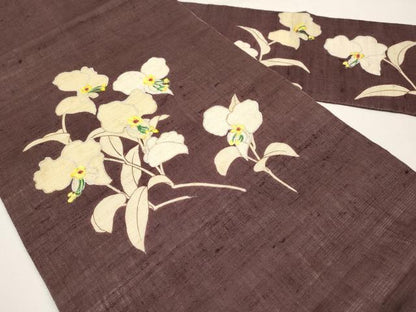 平和屋着物＊夏物　九寸名古屋帯　作家物　手描き　草花文　銀彩　麻　逸品　CABJ5613tx