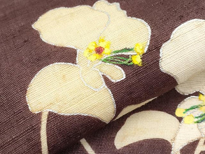 平和屋着物＊夏物　九寸名古屋帯　作家物　手描き　草花文　銀彩　麻　逸品　CABJ5613tx