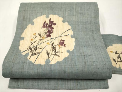 平和屋着物＊夏物　九寸名古屋帯　型染め　雪輪枝花文　麻　逸品　CABJ5618tx