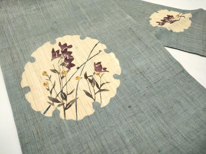 平和屋着物＊夏物　九寸名古屋帯　型染め　雪輪枝花文　麻　逸品　CABJ5618tx