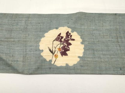 平和屋着物＊夏物　九寸名古屋帯　型染め　雪輪枝花文　麻　逸品　CABJ5618tx