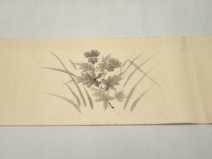 平和屋着物＊夏物　九寸名古屋帯　手描き　草花文　麻　逸品　CABJ5622tx