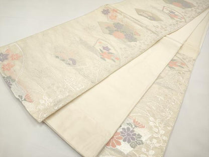 平和屋着物＊夏物　六通柄袋帯　地紙草花文　銀糸　正絹　逸品　CABJ5646tx