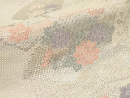 平和屋着物＊夏物　六通柄袋帯　地紙草花文　銀糸　正絹　逸品　CABJ5646tx