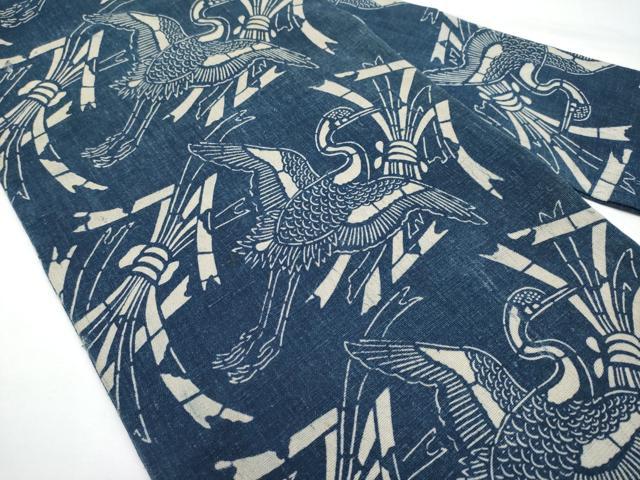 平和屋着物●九寸名古屋帯　藍　型染め　飛鶴文　綿　逸品　CABJ5665tx