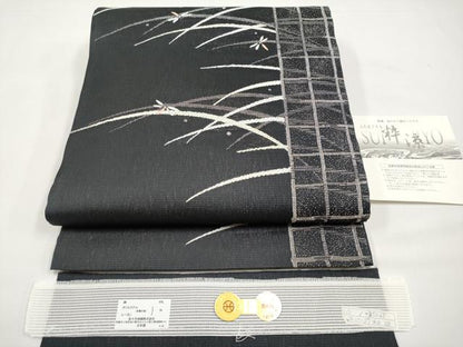 平和屋着物＊夏物　西陣　佐々木染織謹製　六通柄袋帯　唐織　粋涼　トンボ　黒地　銀糸　証紙付き　正絹　逸品　CABJ5675tx
