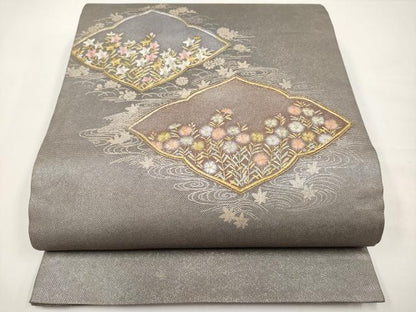 平和屋着物＊夏物　太鼓柄袋帯　蘇州刺繍　草花文　金銀彩　三越扱い　正絹　逸品　CABJ5680tx