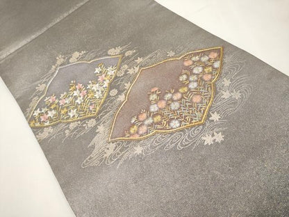 平和屋着物＊夏物　太鼓柄袋帯　蘇州刺繍　草花文　金銀彩　三越扱い　正絹　逸品　CABJ5680tx