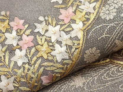 平和屋着物＊夏物　太鼓柄袋帯　蘇州刺繍　草花文　金銀彩　三越扱い　正絹　逸品　CABJ5680tx