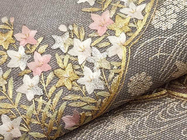 平和屋着物＊夏物　太鼓柄袋帯　蘇州刺繍　草花文　金銀彩　三越扱い　正絹　逸品　CABJ5680tx