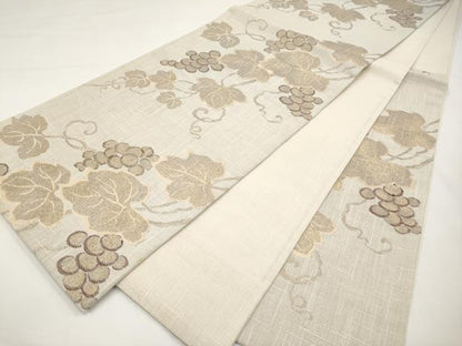 平和屋着物▽六通柄袋帯　スリーシーズン　春夏秋　葡萄蔦の葉文　金糸　正絹　逸品　CABJ5688tx