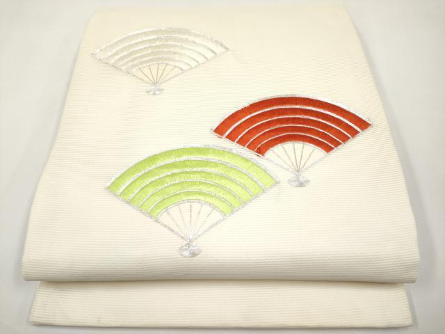 平和屋着物＊夏物　九寸開き名古屋帯　総刺繍　駒刺繍　扇面文　正絹　逸品　CABJ5707tx