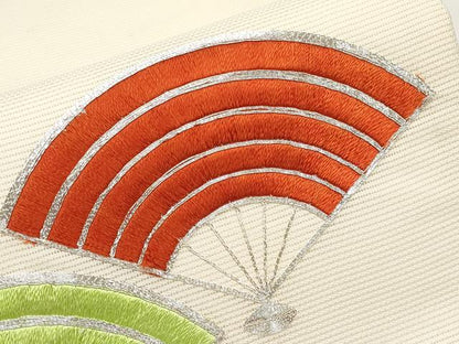 平和屋着物＊夏物　九寸開き名古屋帯　総刺繍　駒刺繍　扇面文　正絹　逸品　CABJ5707tx