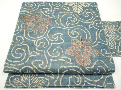 平和屋着物＊夏物　全通柄　九寸名古屋帯　型染め　舞葉唐草文　麻　逸品　CABJ5746tx