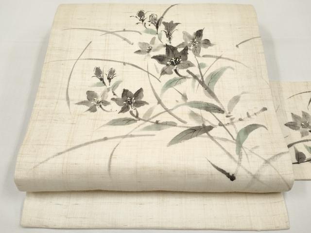 平和屋着物＊夏物　九寸名古屋帯　手描き　枝花文　麻　逸品　CABJ5752tx