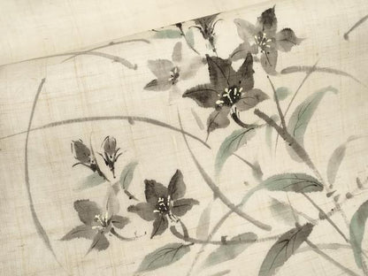 平和屋着物＊夏物　九寸名古屋帯　手描き　枝花文　麻　逸品　CABJ5752tx