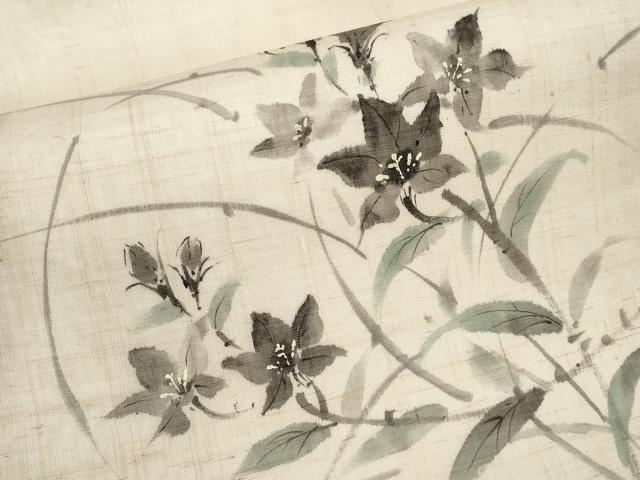 平和屋着物＊夏物　九寸名古屋帯　手描き　枝花文　麻　逸品　CABJ5752tx
